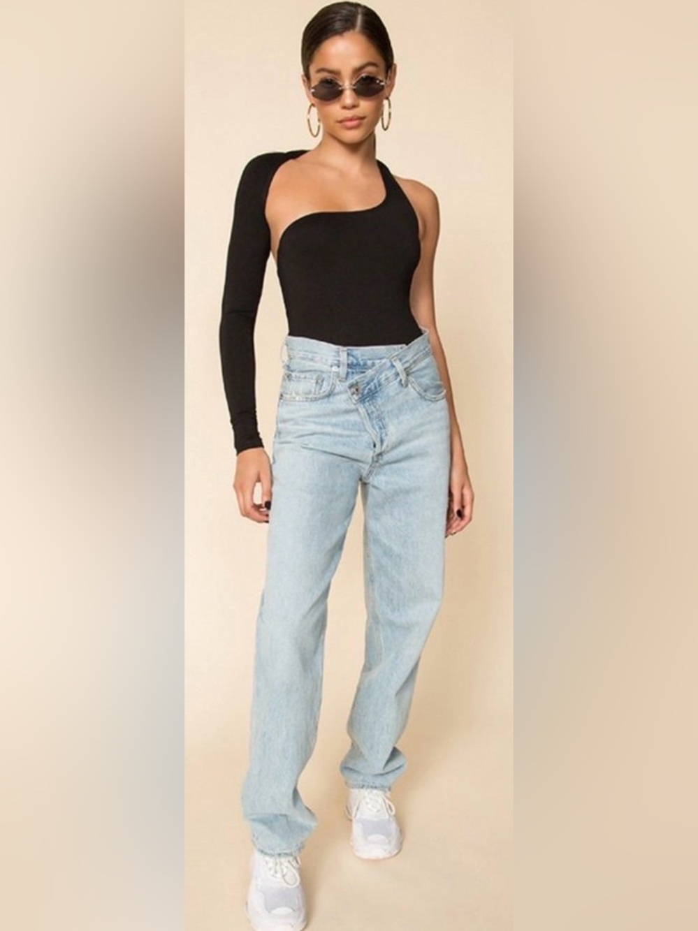 superdown NEW Alessandra Asymmetrical Edgy Bodysuit in Black